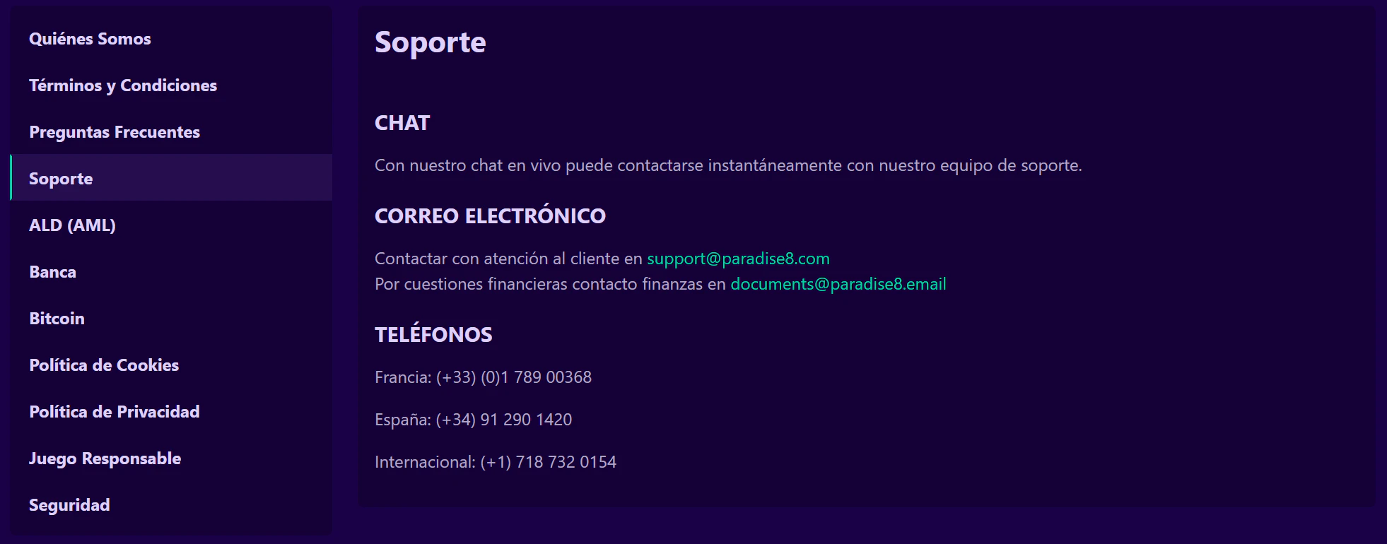 Paradise8 Casino: atención al cliente